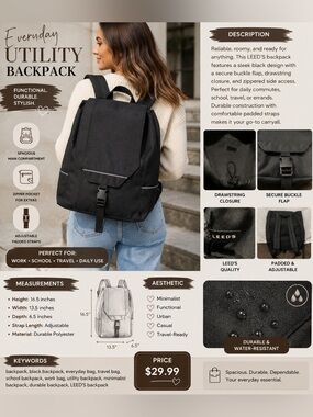 Classic Black Men's Backpack with Buckle Closure - Leeds